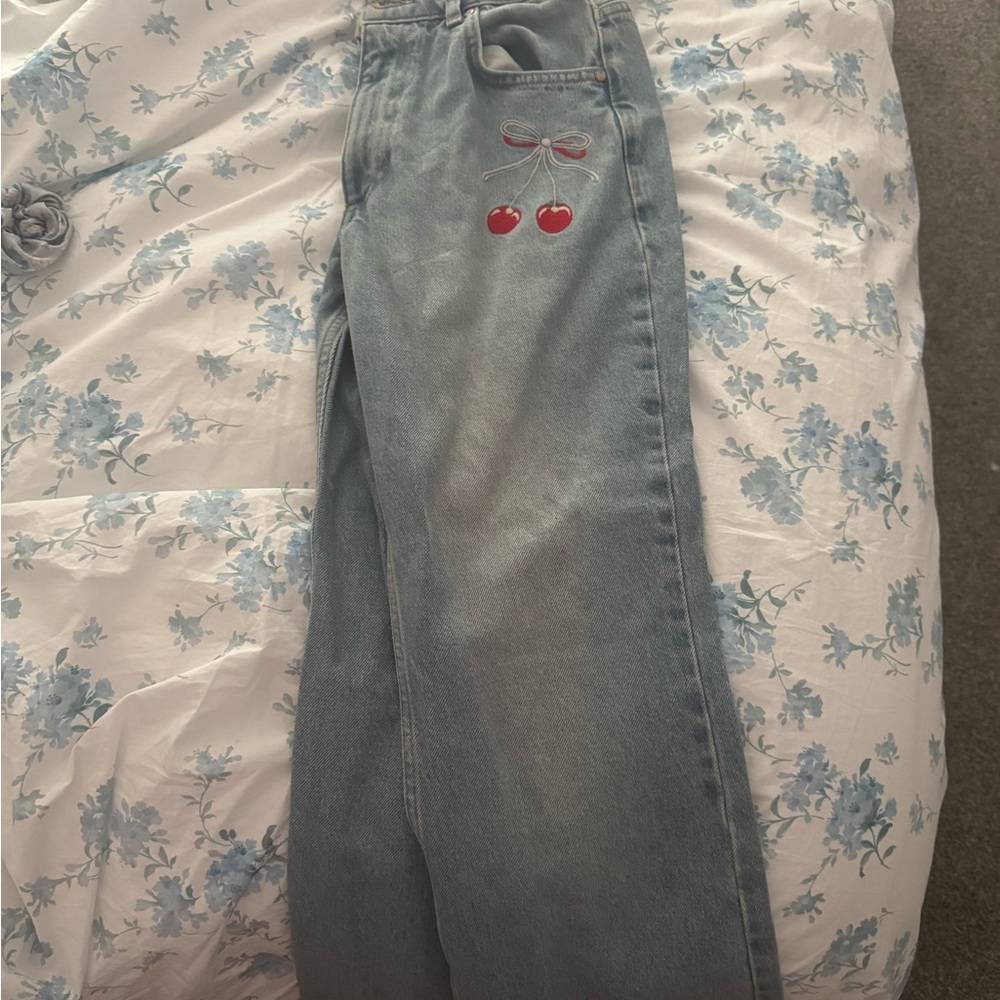 LoveShackFancy Light Blue Straight-Leg Jeans with Red Cherry Embroidery